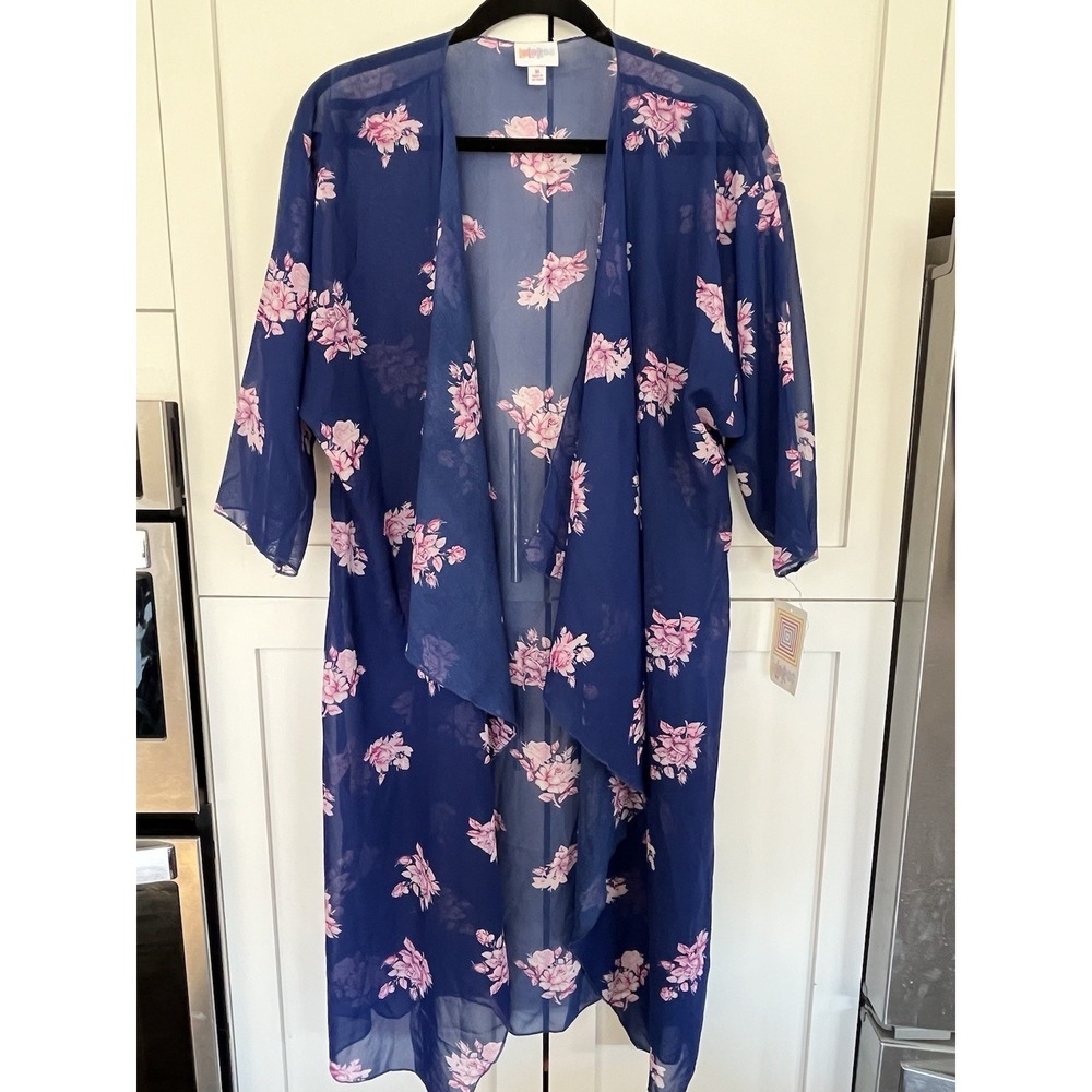 Lularoe Shirley Sheer Chiffon Kimono Size M Beachy Blue Floral Flowy NWT